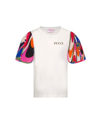 Girls White Cotton Onde Print T-Shirt