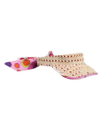 Girls Beige Straw & Fontane Print Sun Visor