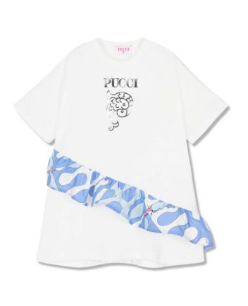 Girls White & Blue Cotton Leocorno Dress