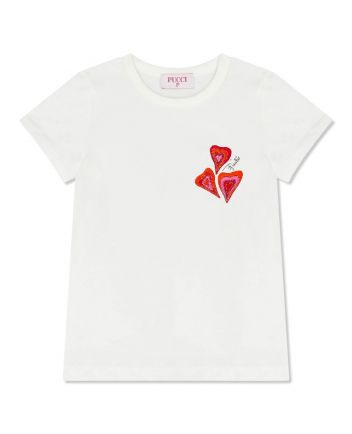 Girls White Heart-Embroidery T-shirt