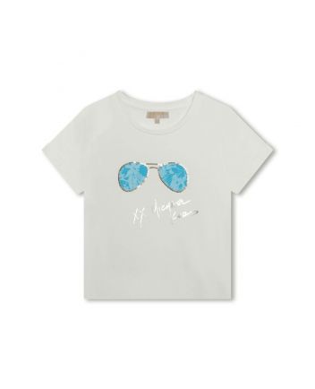 Girls White Sunglass-Print Cotton T-Shirt
