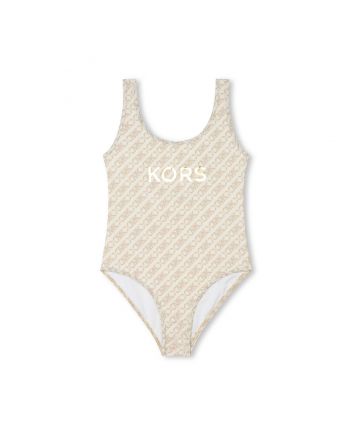 Girls Cream Logo-Print U-neck Swimsuit