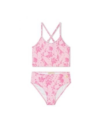 Girls Pink Floral-Motif Logo-Print Bikini Set