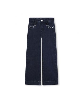 Girls Denim Blue Eyelet-Detail Cotton Jeans
