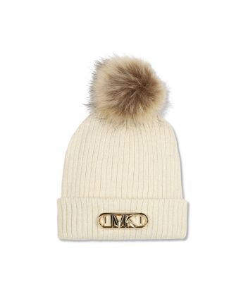 Girls Cream Logo-Plaque Pompom Beanie
