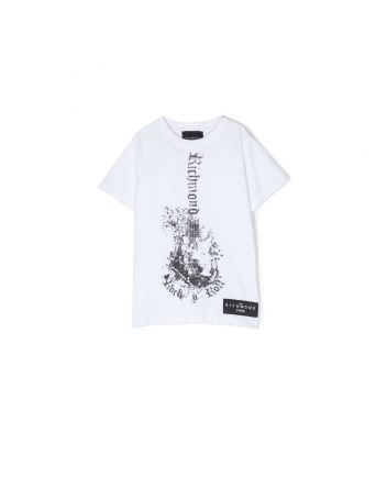 Boys White Logo Print Cotton T-Shirt