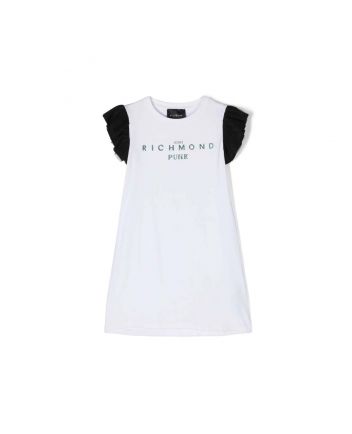 Girls White Cotton Glittery Logo Printed Dress