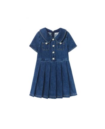 Girls Blue Denim Pleated Dress