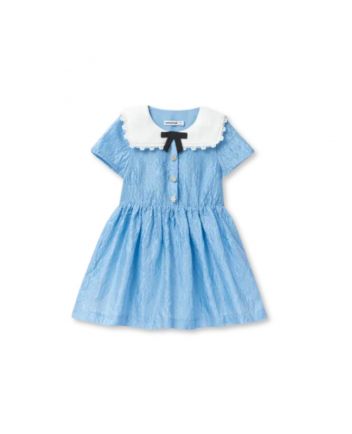 Girls Blue Bow-Topped Lace Collar Dress