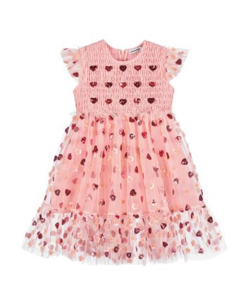 Girls Pink Sequinned Heart Tulle Dress