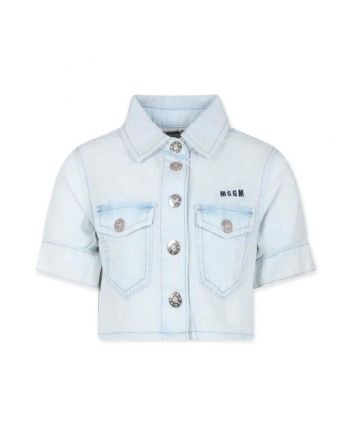 Girls Light Blue Logo-Embroidered Cropped Shirt