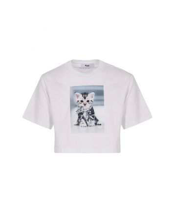 Girls White Cropped Cotton T-Shirt