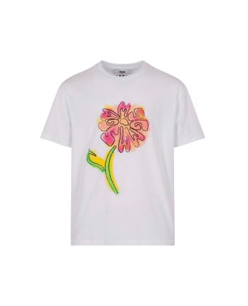 Girls White Flower Print Cotton T-Shirt