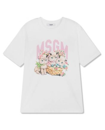 Girls White Kitty & Logo T-shirt