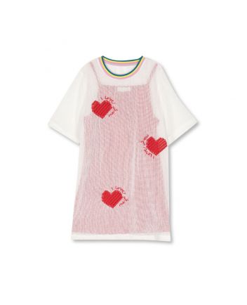 Girls White Heart-Embroidered Layered Dress