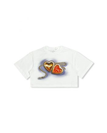 Girls White Heart-Print Cotton T-Shirt