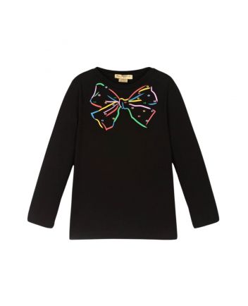 Girls Black Cotton Bow Print T-Shirt