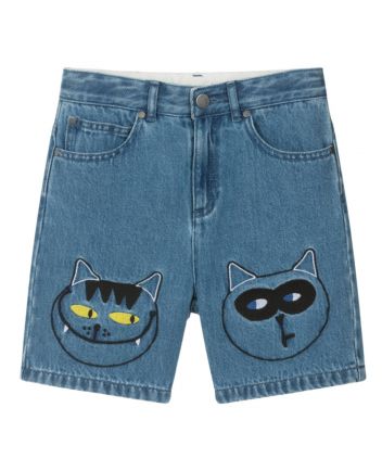 Boys Blue Denim Embroidered Cats Shorts