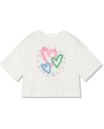 Girls White Heart Print Cotton T-Shirt