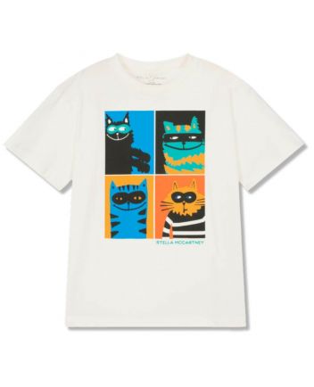 Boys Ivory Cotton Cat Print T-Shirt