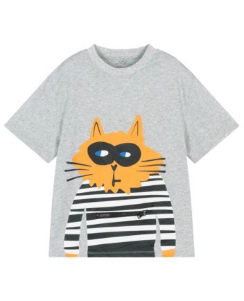 Boys Grey Cotton Cat-Print T-Shirt
