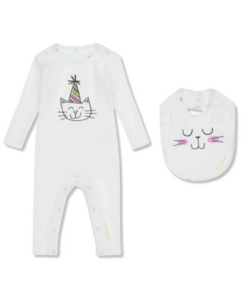 Baby Unisex White Cat Print Babysuit & Bib Set