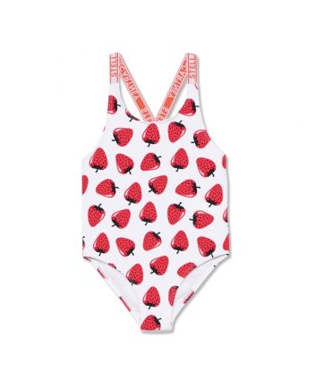Girls White Strawberry Print Swimsuit(UPF50+)