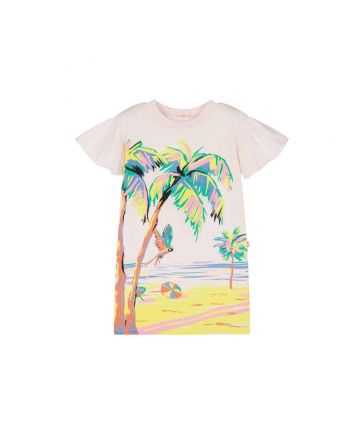 Girls Pink Cotton Palm Tree Print Dress