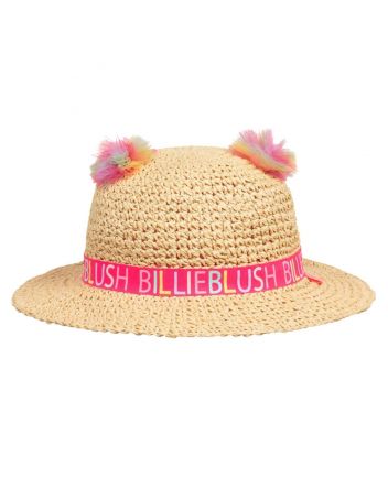 Girls Beige Straw Tulle Pom Pom Hat