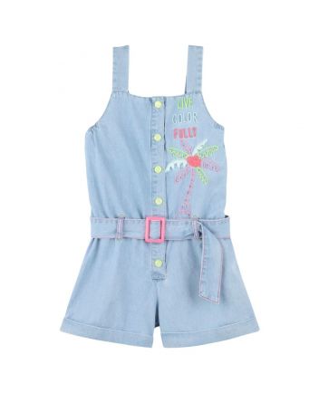 Girls Denim Blue Belted Waist Jumpsuit