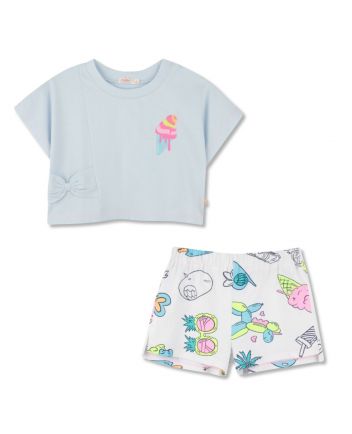 Girls Blue & White Printed Shorts Set