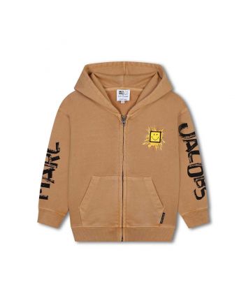 Unisex Beige Logo-Print Zip-Up Hoodie