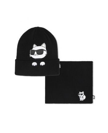 Girls Black Cotton Choupette Hat & Snood Set