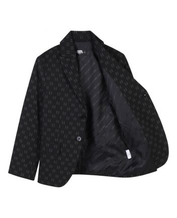 Boys Black Logo-Jacquard Blazer